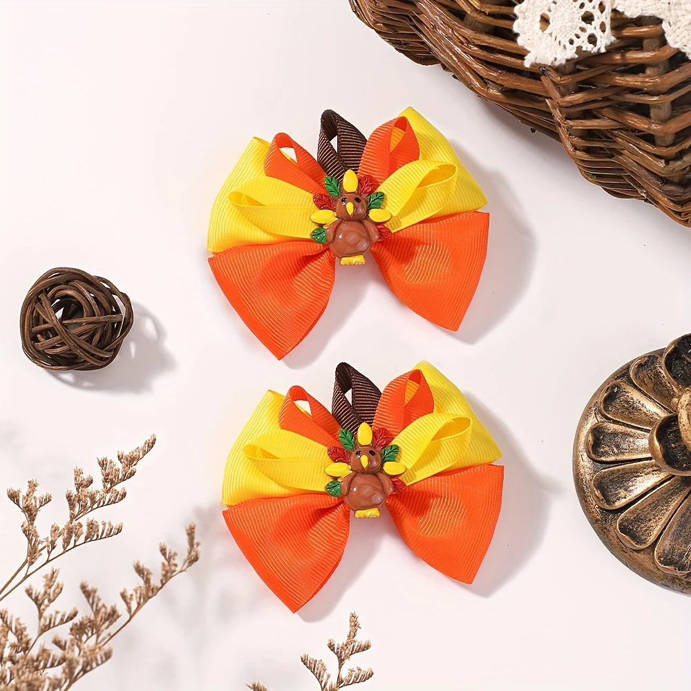 

2Pcs/Set Baby Girls Thanksgiving Day Cartoon Turkey Bows Hair Clips Festive DIY Hairpin Kids Girls Headwear Hair Accessories