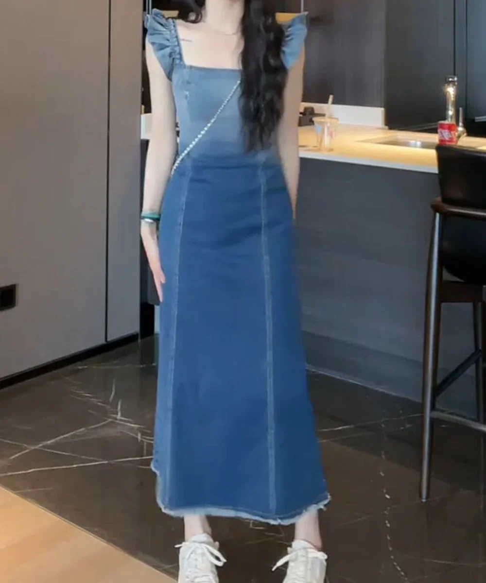

Pop Gradient Blue Deep Sea Spring/Summer New Simple And Versatile Denim Gradient Small Flying Sleeves With Fur Edge Dress