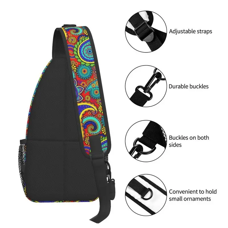 Cool Colorful Retro Paisley Pattern Crossbody Sling Backpack Men Boho Bohemian Floral Art Shoulder Chest Bags for Camping Biking