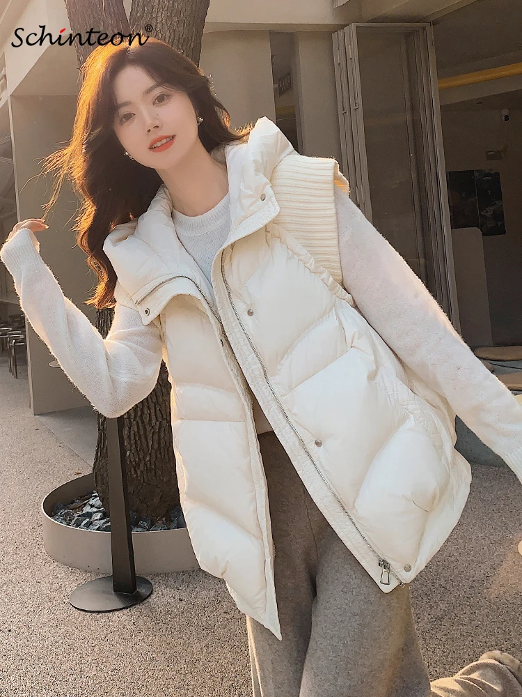 Schinteon Women White Duck Down Vest with Hood Casual Loose Knitting Patchwork Sleeveless Jacket Autumn Winter Top 2025 New
