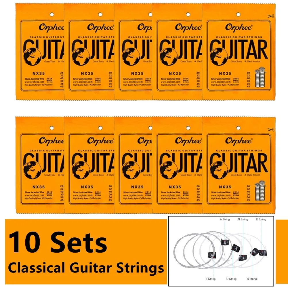 Orphee Classical Guitar Strings Silver Plated Wire Nylon String for Versatile and Expressive Performance (10 Packs)