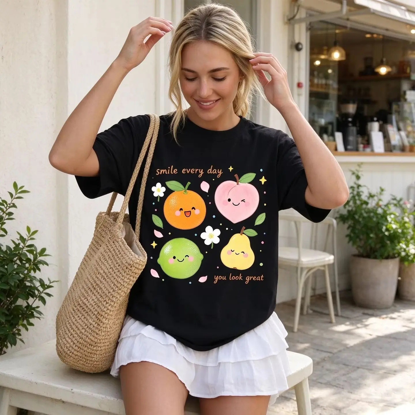 Smile Every Day Cute Cartoon Peach Orange Lime Pear Graphic Women T Shirt Fresh Fruit Casual Short Sleeve Tops