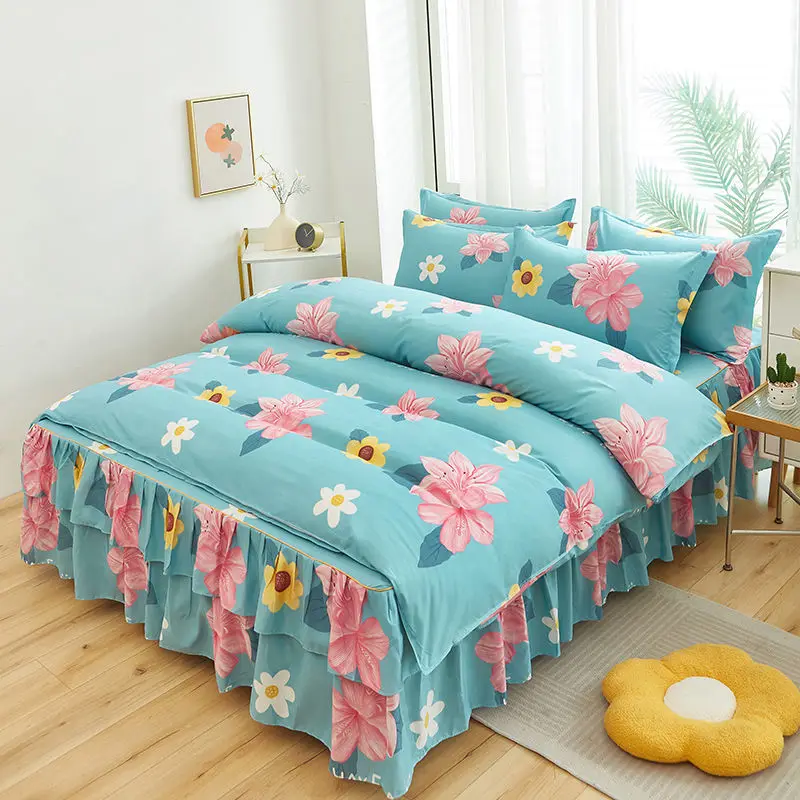 Coreano Ins Bedding Set, Algodão Luxo Quilt Cover, Fronha de cama plana, Simples Menina Princesa Algodão Home Textiles