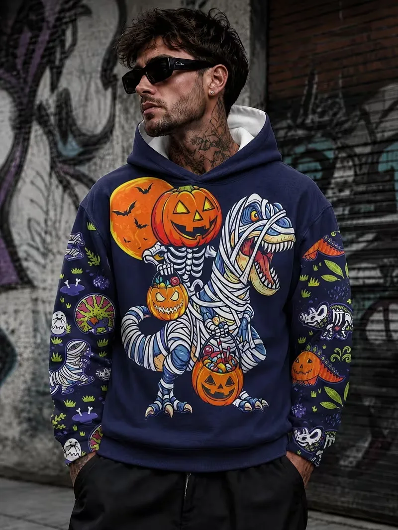 Men Halloween Hoodie Pumpkin Skull Ghost Bat Graveyard Castle Tombstone Moon Pattern Pullover Spooky Party Casual Sweatshirt