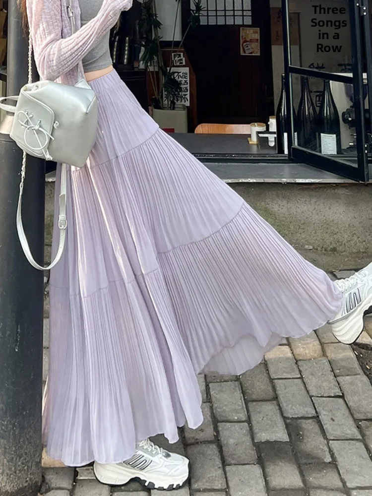 Ele Gentle Sle High Waist Plissee A-Linie Midirock Damen Neu 2025, schlankmachender, hüftbedeckender, langer Dra-Rock