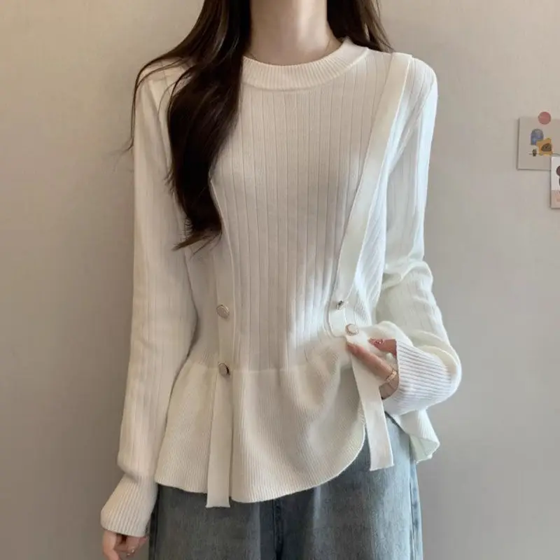 

Casual O-Neck Knitted Blouse Female Clothing Slim Waist 2023 Autumn Winter Long Sleeve Fashion Button Spliced Solid Color Shirt