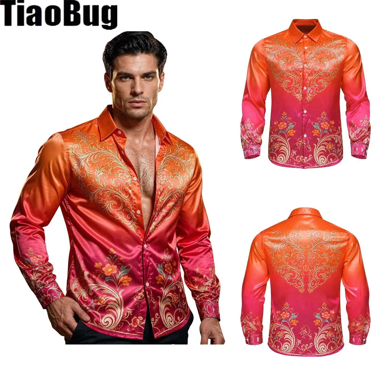 Men Floral Print Gradient Color Casual Shirt Turn-down Collar Long-sleeve Button Top for Daily Vacation Beach Birthday Party
