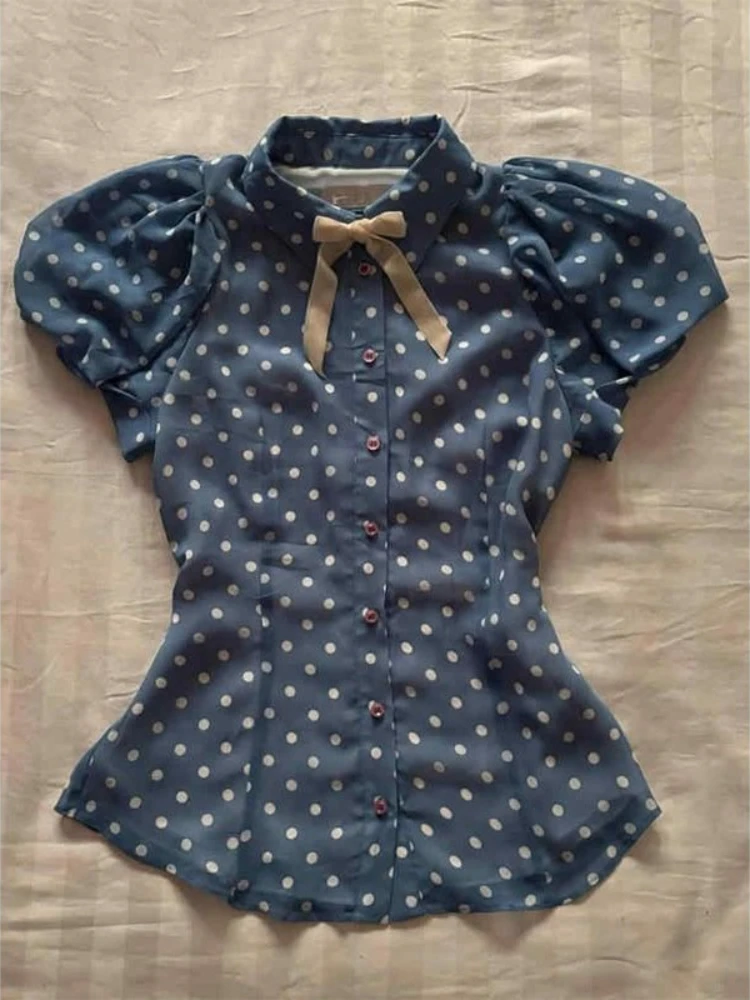 

Y2k Aesthetic Vintage Crop Tops Women 2000s Harajuku Korea Slim Polka Dot Short Sleeve Punk T Shirts Femme Bow Graphic Tee Tops