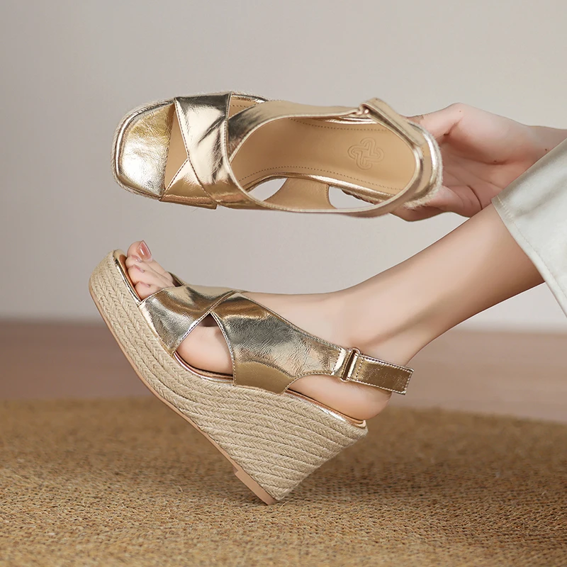 EAGSITY Sandalias de plataforma de cuero de vaca para mujer, alpargatas de tacón alto, zapatos con correa en el tobillo, sandalias con suela de yute
