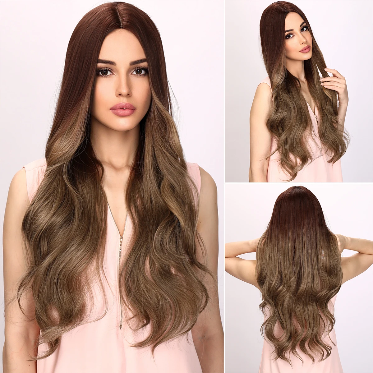 

Glamorous Long Curls: 30-Inch Synthetic Brown Ombre Wavy Curly Hair, a Stylish Choice for Everyday Wear for Women.