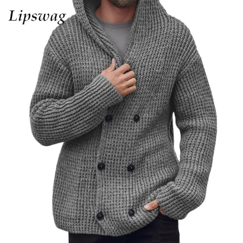 

Casual Double-breasted Hooded Sweater Cardigans Mens Vintage Solid Color Long Sleeve Knitted Jacket Men Fall Winter Sweatercoats