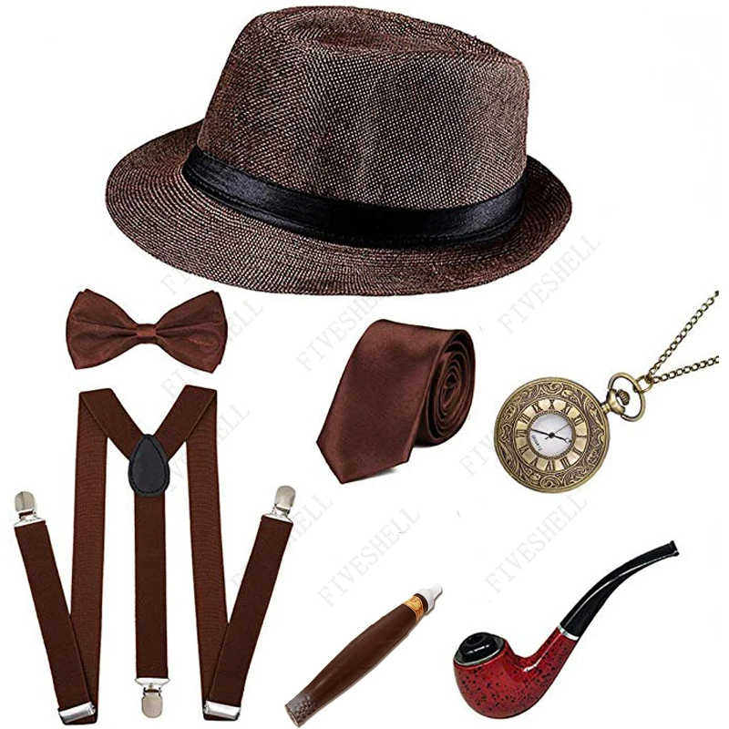 Retro Festa Cosplay 1920S Mens Grande Gatsby Acessórios Set Rugindo Gangster20s 30s Traje Set Tubo Vintage Relógio de Bolso Charuto