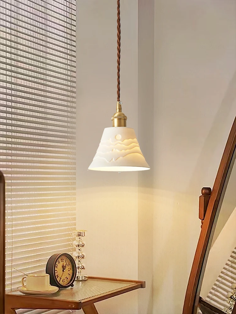 Japanese Retro Cream Style Bedside Lamp Internet Famous All Copper Ceramic Restaurant Bar Counter Master Bedroom Pendant Light