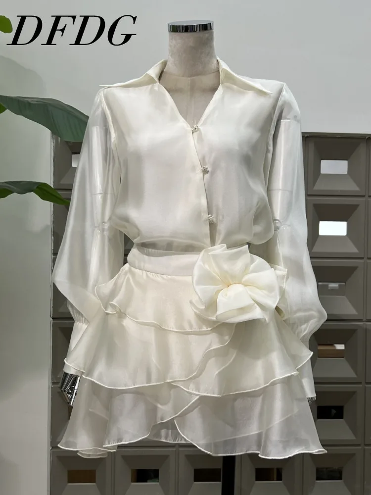 

DFDG Women’s 2025 Tencel Cotton Diagonal Placket Blouse Tiered Skirt Set Elegant Brightening Spring Summer Beach Wedding Set
