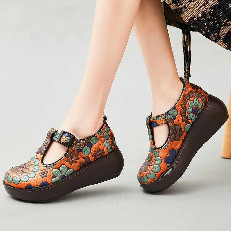 DRKANOL Platform Shoes Women Spring Printing Genuine Leather Round Toe Buckle Strap Ethnic Style Wedges Heel Mother Shoes H720L