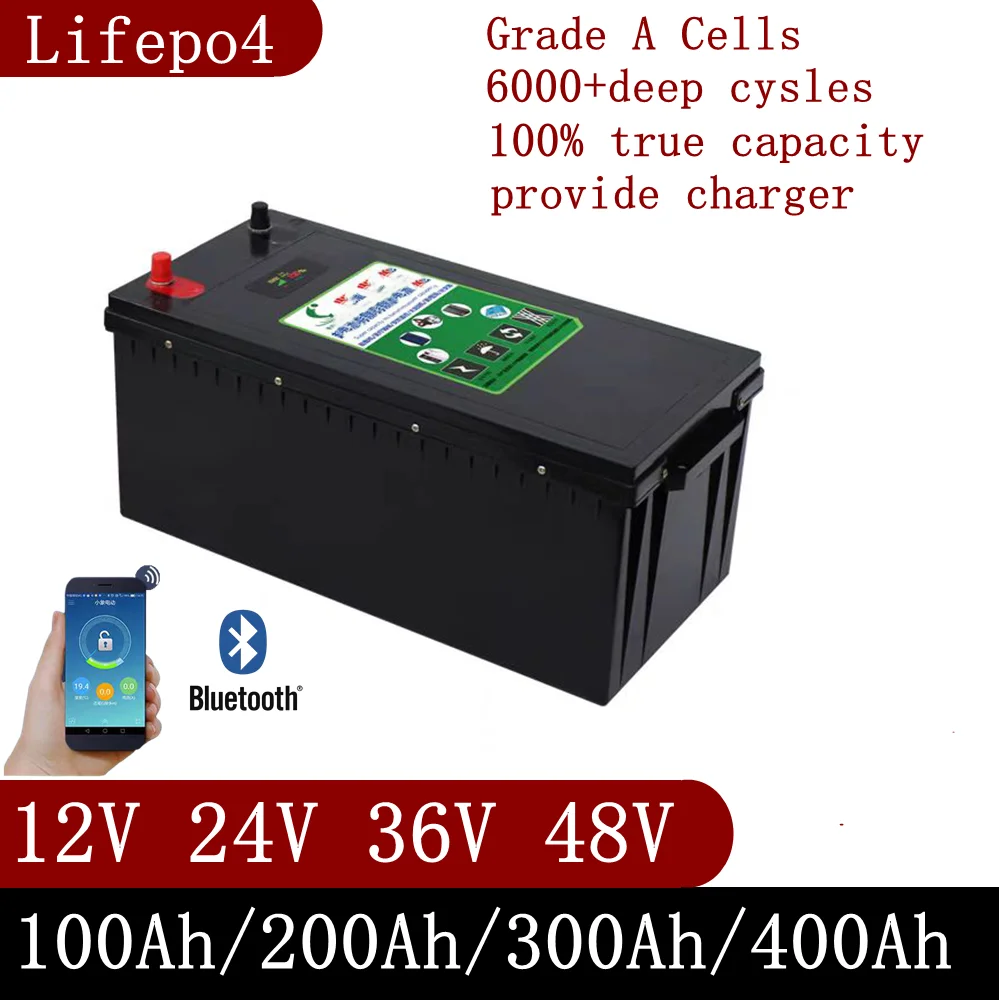

12V 24V 36V 48V 100AH 150Ah 200AH 300Ah 400Ah lifepo4 lithium battery bluetooth BMS APP for solar inverter EV Fishing boat