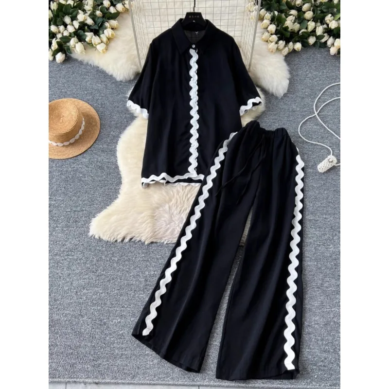 

Fashion Casual Two-Piece Sets Women Design Contrast Color Wave Edge Long Shirt High Waist Slim Wide Leg Pants Womens Outifits