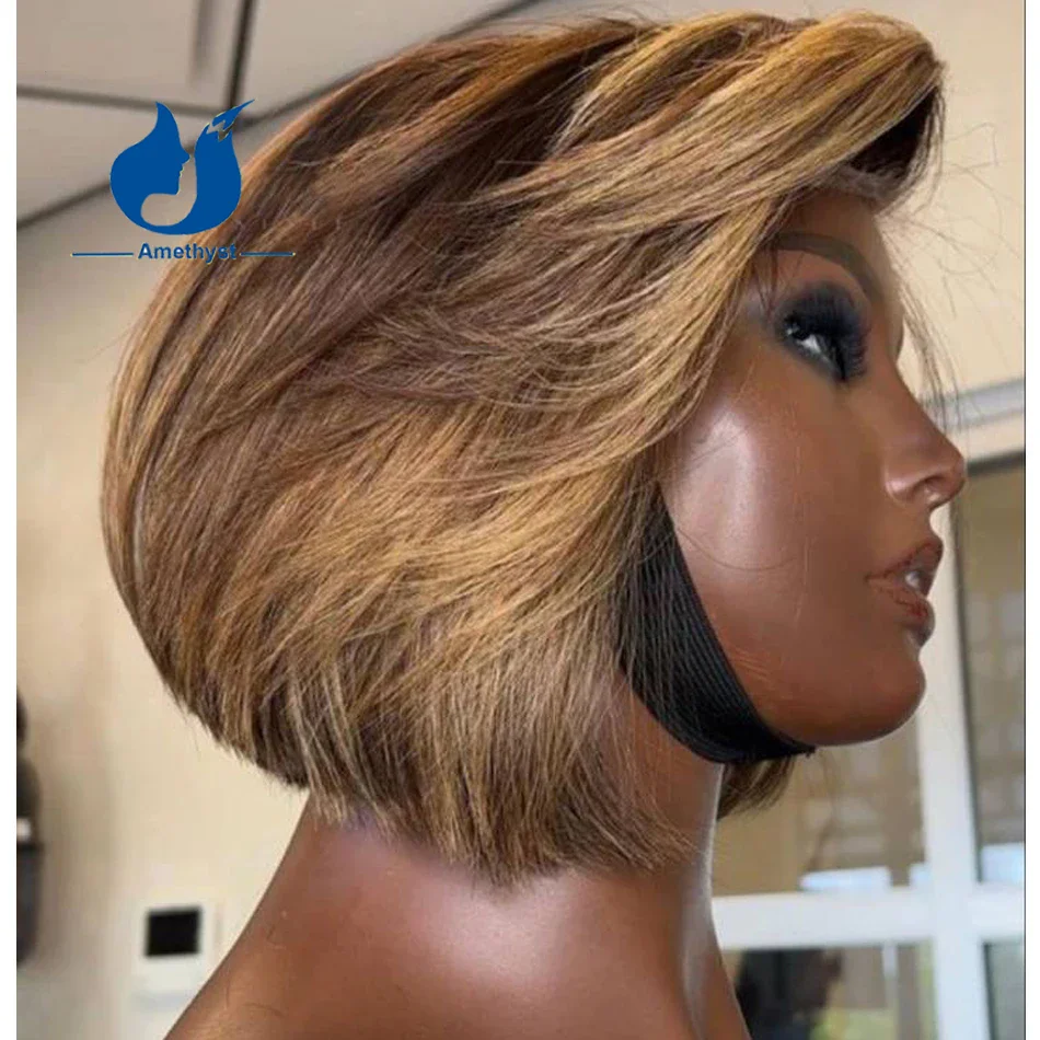 Amethyst Short Bob Wig for Black Women Brazilian Remy Human Hair 13x6 Lace Front Wig Highlighted with Side Layer Bangs Bleached