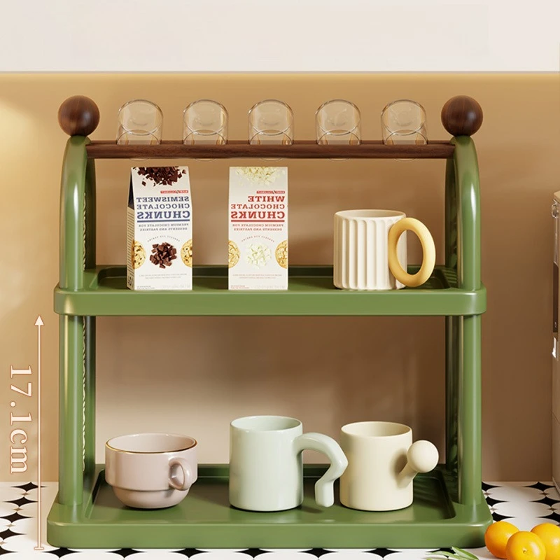 2 Tier Vintage Rattan Cup Storage Rack Countertop Coffee Mug Organizer with Glass Holder for Kitchen Bar Kitchen Organizer view 3