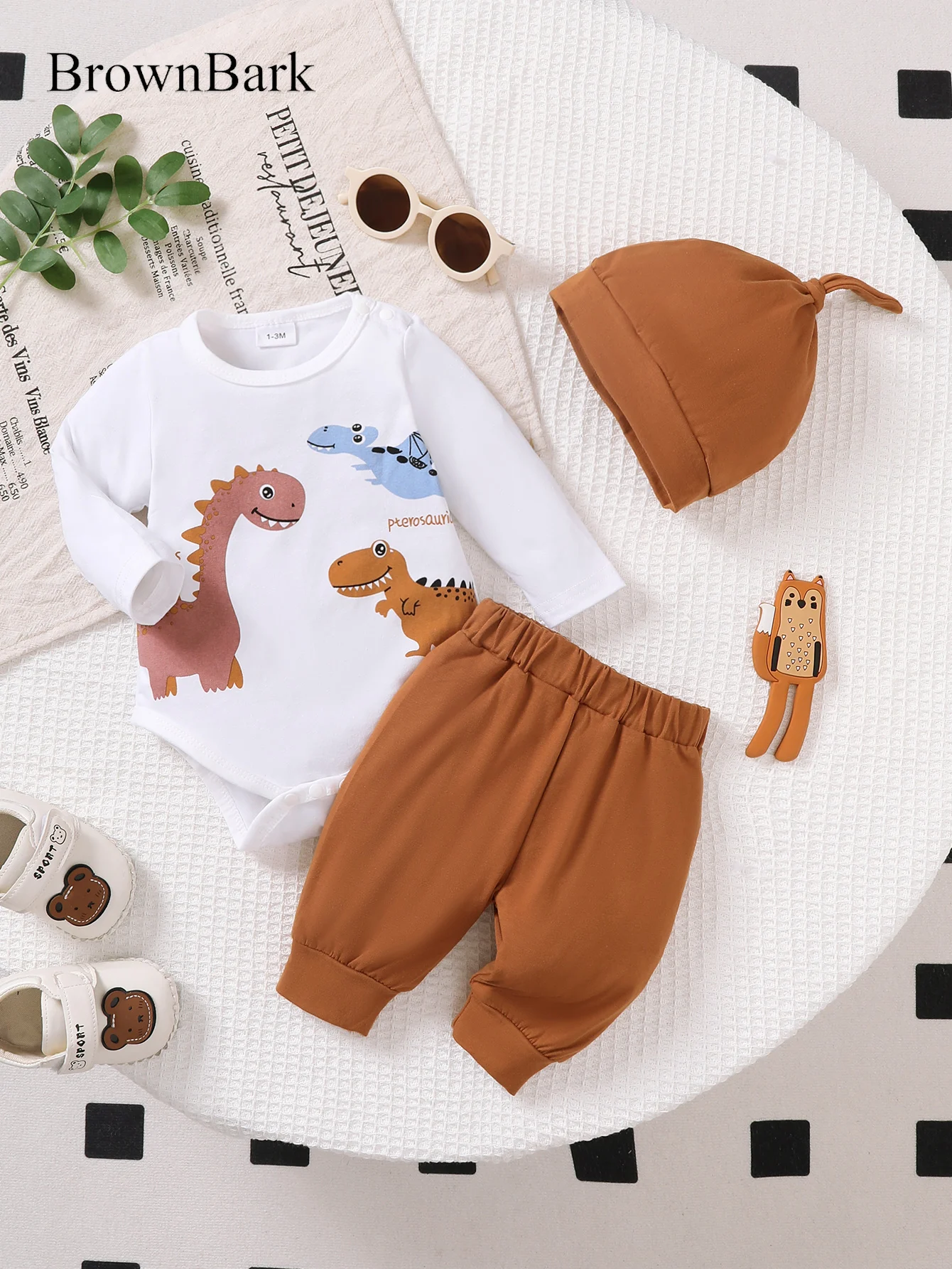 

Summer 0-1 Years Old Infant Baby Boys Dinosaur Printed Long Sleeved Shirt And Pants 3-Piece Set With Hat