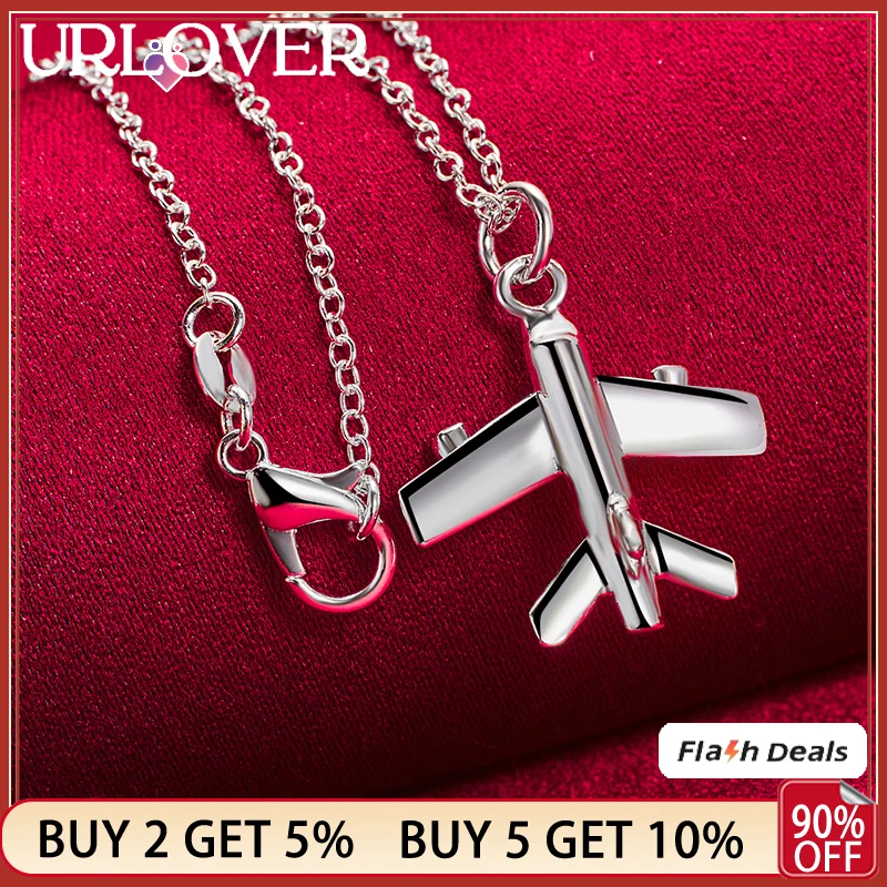 URLOVER 925 Sterling Silver Airplane Aircraft Pendant Necklace For Women Bridal Wedding Birthday Charm Jewelry 16-30 Inch Chain