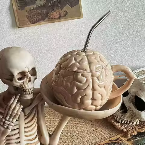 Brain Shaped Ceramic Mug With Lid And Spoon Funny Porcelain Coffee Mugs Water Cup With Handle
