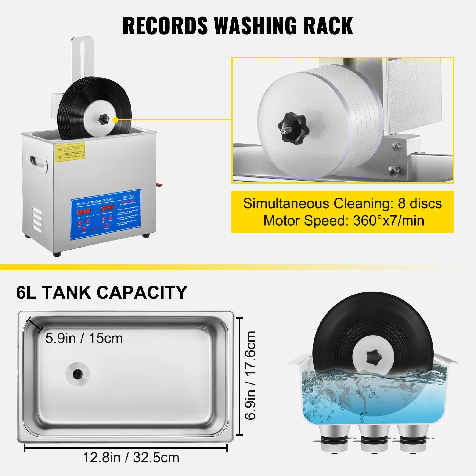 Limpiador Ultrasónico de 6L y 180W para Discos de 7-12 Pulgadas, con 8 Compartimentos y Soporte de Secado para Lentes de Contacto, Joyería Dental