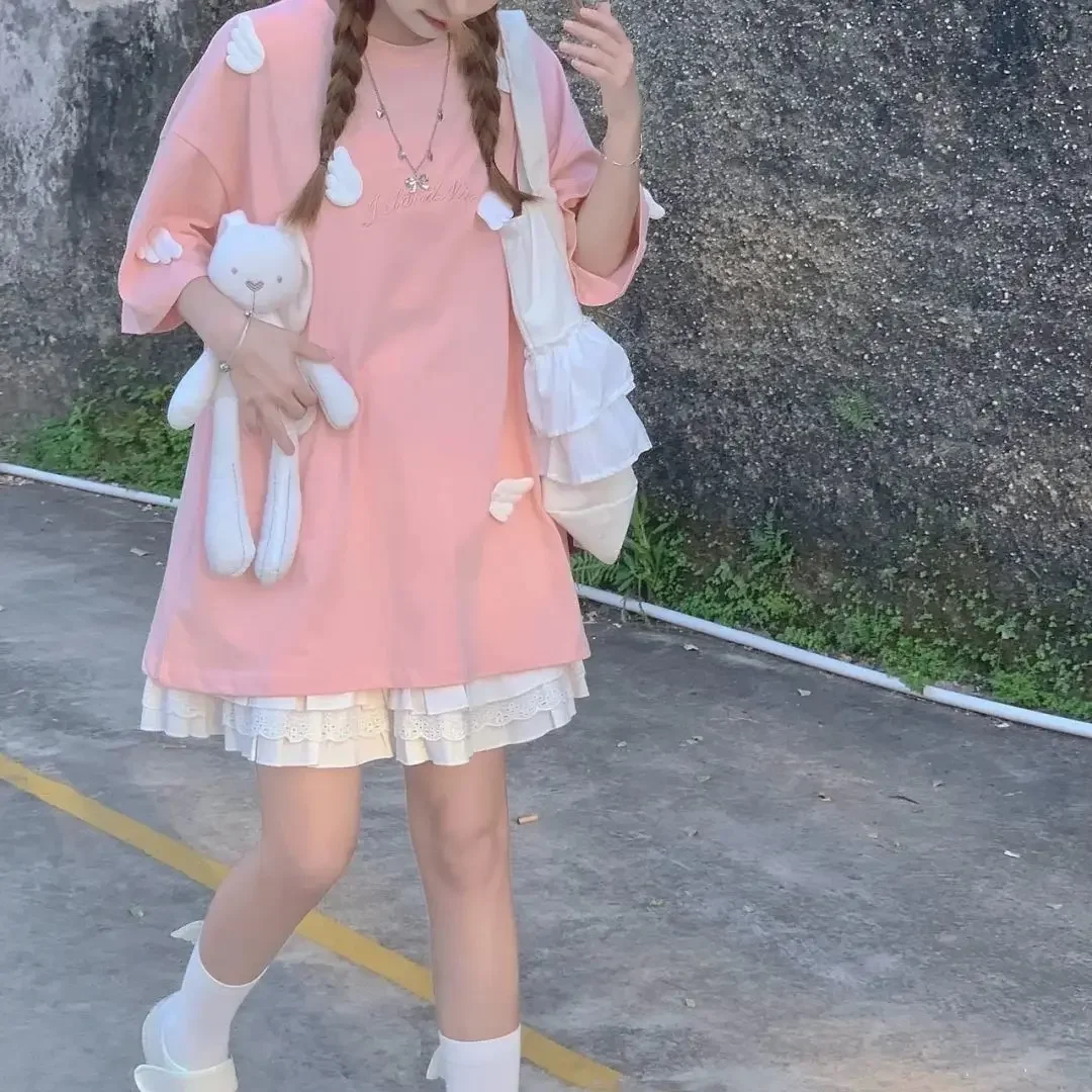 日本のツーピースの女性用スーツ,用途の広いTシャツとミニスカート,柔らかくてかわいい,ピンクの学生服,夏,新品