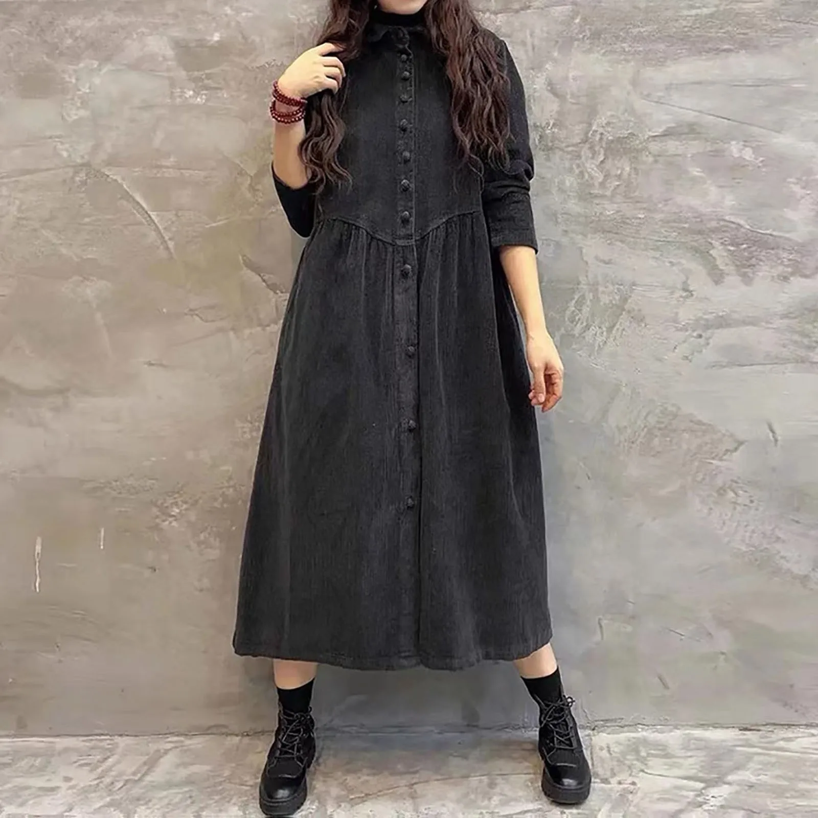 Autumn Winter Thick Corduroy Dress for Women Vintage Solid Casual Loose Long Sleeve Button Shirt Maxi Dress Cardigan Tunic Tops