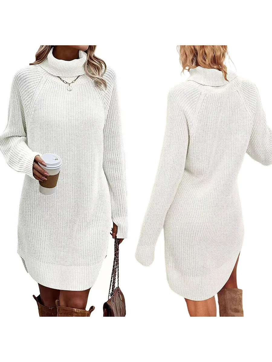 Women\'s Autumn Spring Sweater Dress Casual Long Sleeve Turtleneck Solid Color Knitted Dresses Female Winter Warm Knitwear Daily