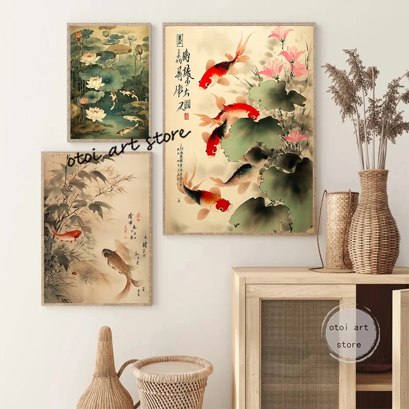 Watercolor Ink Style Japanese Fish Koi Lotus Pond Yin Yang Koi Fish Art Posters Canvas Painting Wall Prints Pictures Home Decor