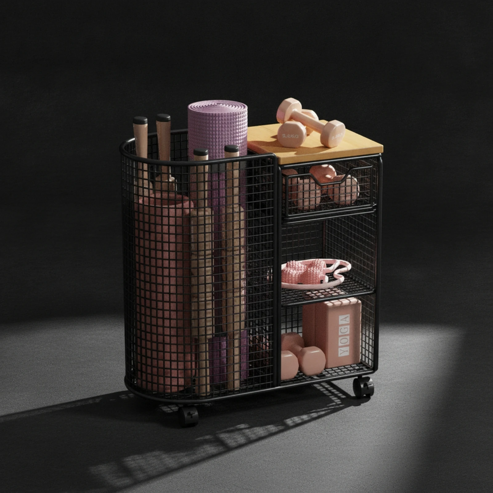 Sports Equipment Cart - Rolling Storage Cart with Wooden Top