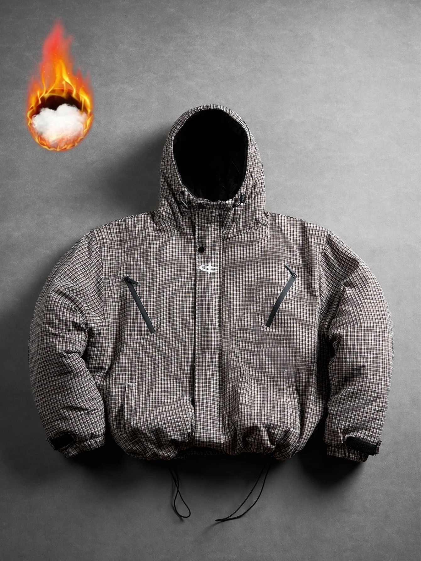 Men's Plaid Hooded Cotton Jacket, simple logo print on chest, diagonal zipper pockets, adjustable drawstrings on hood and hem, velcro cuffs, loose fit, warm outdoor casual top for autumn and winter