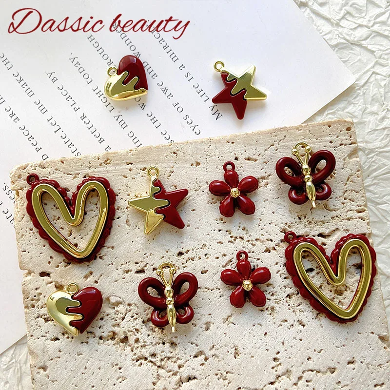 

10pcs Handmade Red Color Pendant Charms Love Heart Flower Hollow Necklace Bracelet Earrings Connectors Diy Jewelry Making