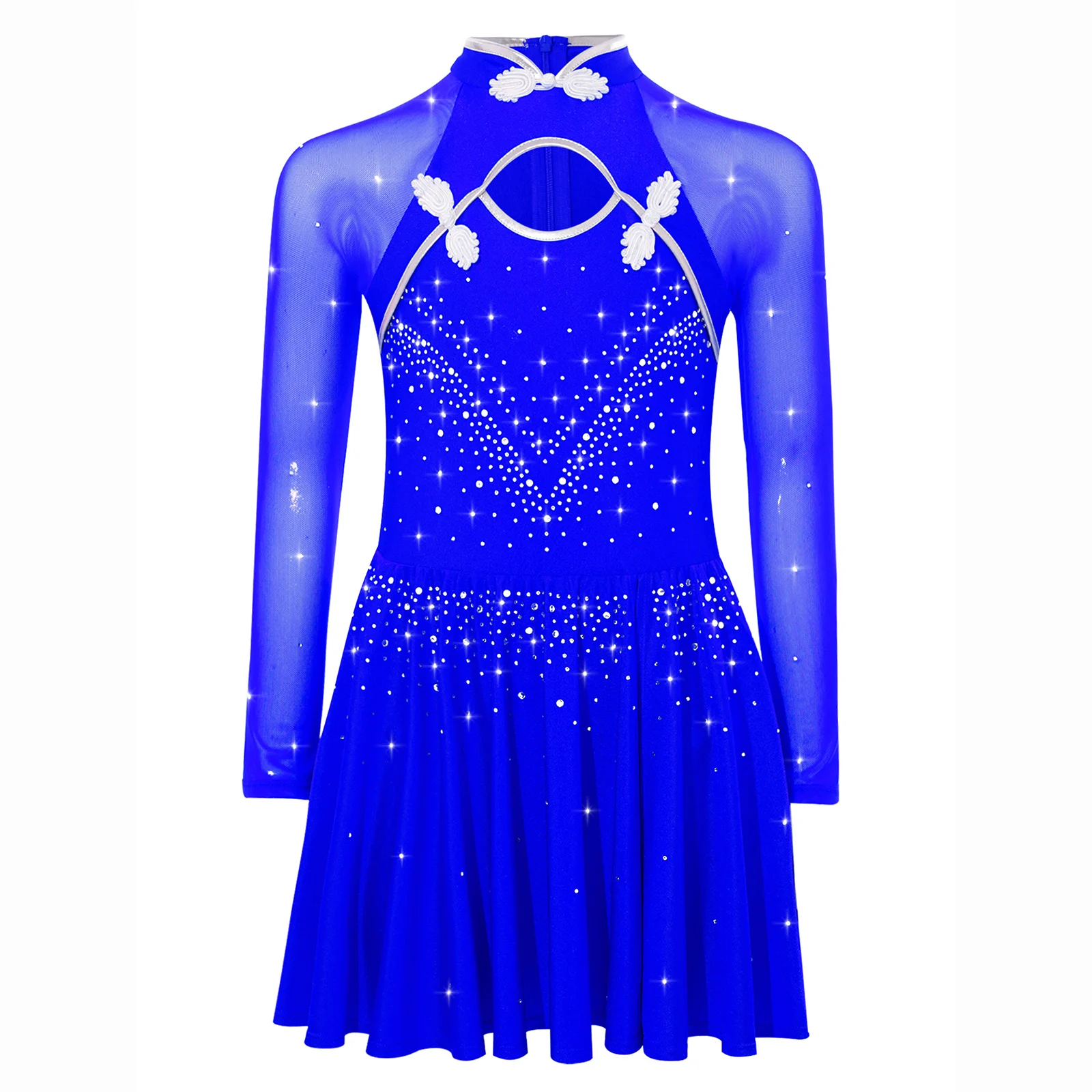 Meisje Lyrische Dans Jurk Maillots Mandarijn Kraag Lange Mouwen Strass Kunstschaatsen Chinese Stijl Gymnastiek Turnpakje Jurk