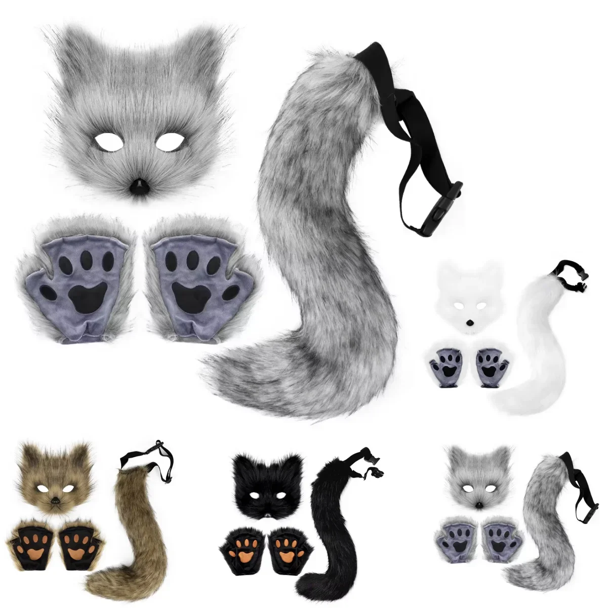 Fluffy Fur Fox Tail Cat Paws Gloves and Face Mask Cosplay Costume Wolf Therian Mask Set Halloween Party Accessories