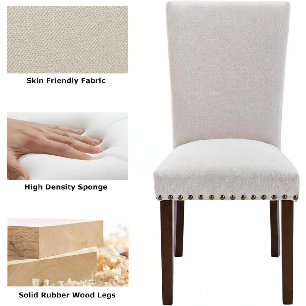 طقم كراسي طعام منجدة باللون البيج مكون من 6 قطع - طراز مزرعة عالي الظهر مع أرجل من الخشب المطاطي الصلب، وسادة إسفنجية مبطنة #3