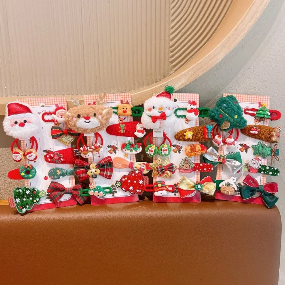 Kid Christmas Hair Clips Set Girls Santa Snowman Elk Bow Barrettes Xmas Tree Hair Rope Party Photo Costume Hair Accessories ZX07