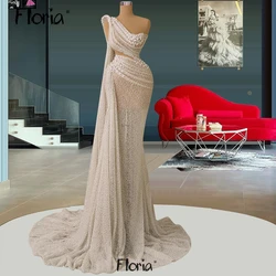 Elegant Beige Pearls Evening Dress Long Cape Sleeve One Shoulder Illusion Wedding Party Gowns Dubai Formal Dress вечернее платье