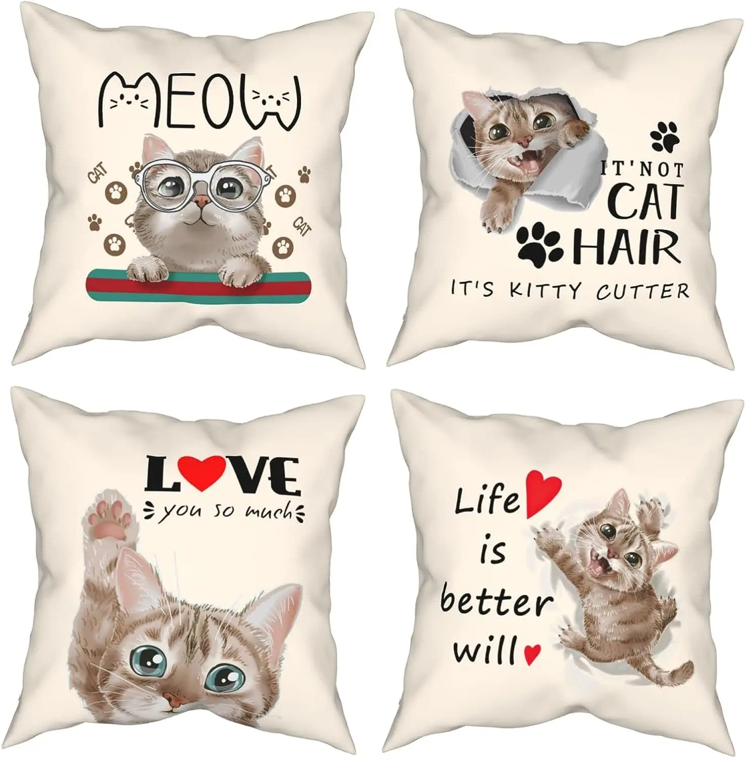 

Cute Cat Hair Animal Love Kitty Set of 4 Decorative Throw Pillow Cases Sofa Cushion Cover for Bedroom Living Room Car Home Decor