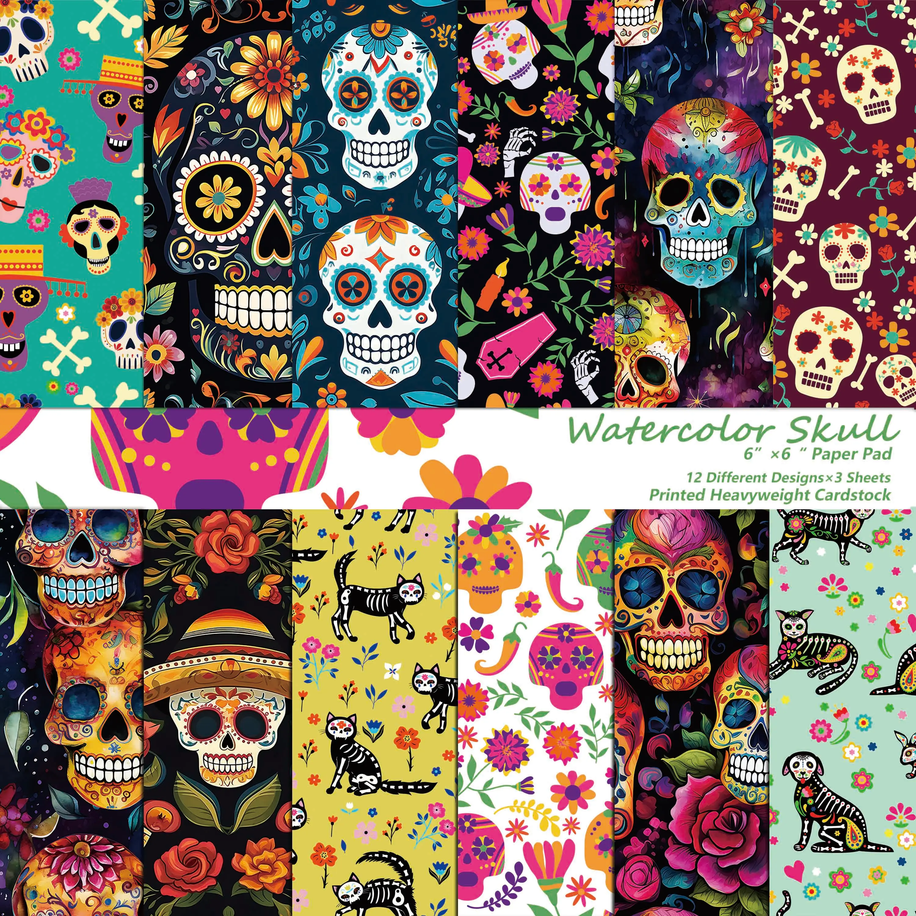 36sheets Mexican Skull Music Halloween Scrapbook Paper Pads,Perfect for Journal Supplies,Arts Crafts,Scrapbooking Supplies