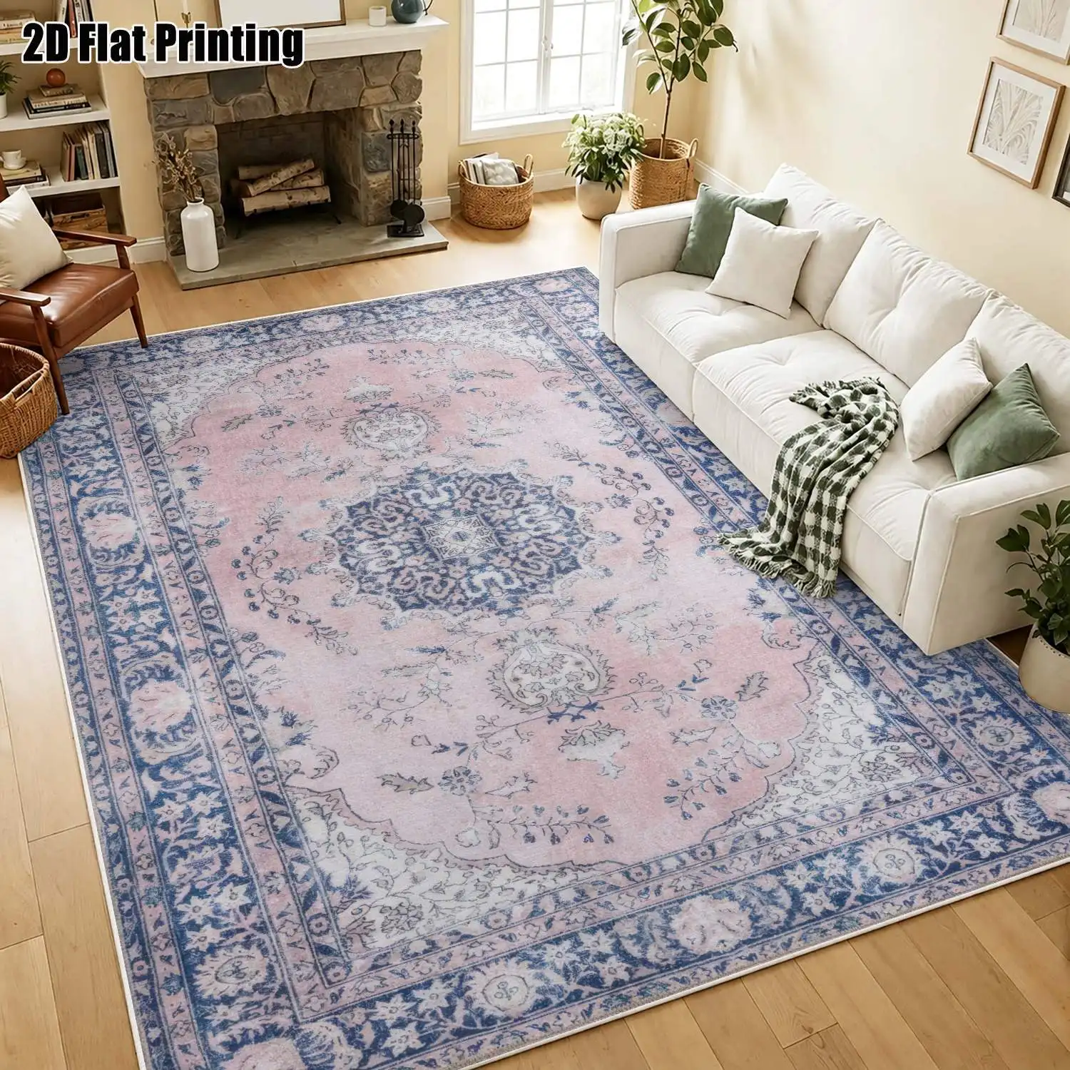 1Pc 2D Printed Pink Retro Floral Velvet Carpet: European Vintage Bohemian Geometric, Multi-Size, Machine Washable, for Entrance, Dining, Foyer, Bedroom, Living Room Home Decor
