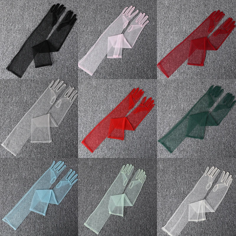 Modische lange transparente Tüllhandschuhe, ultradünne, dehnbare Vollfingerhandschuhe, Netz-Ellbogenhandschuhe für Hochzeiten, Brauthandschuhe, Sonnenschutzhandschuhe zum Autofahren