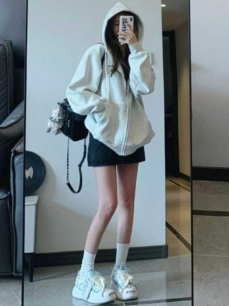 Trendy US Vintage Grey White Oversize Hoodie Women Spring Fall Thin Loose Lazy Style Zipper Jacket Outerwear