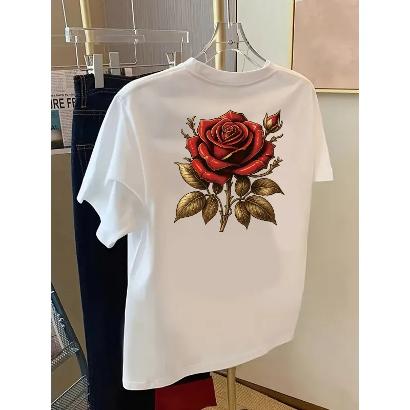 تي شيرت مطبوع من الأمام والخلف مع نمط الأزهار الوردية للنساء برقبة دائرية كاجوال موضة Y2K قطن هاراجوكو بأكمام قصيرة #3