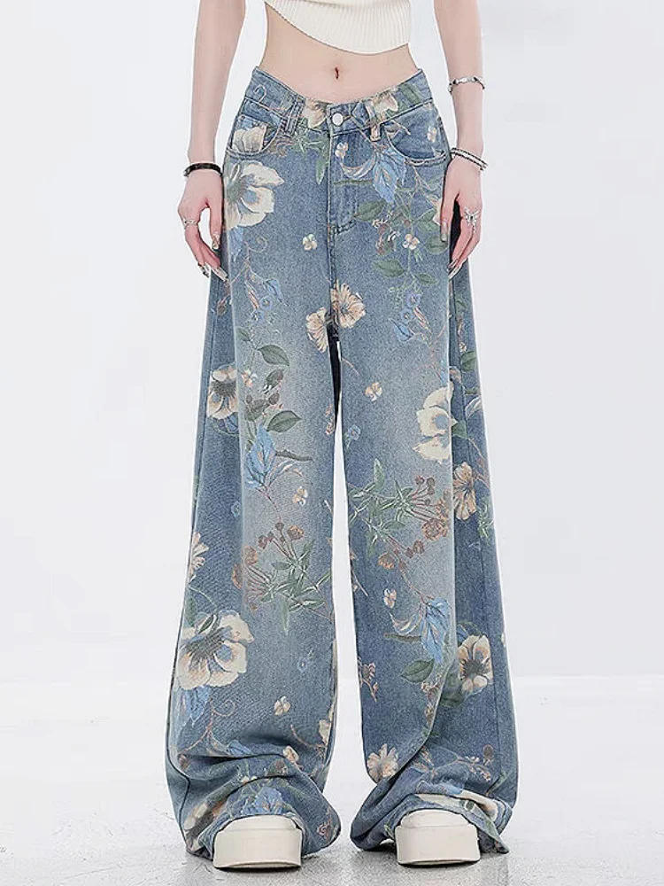 Women Denim Pants Jeans Wide Leg Floor Length Pants Print Floral High Waist Straight Trousers Y2k Streetwear Splice Mom Jeans