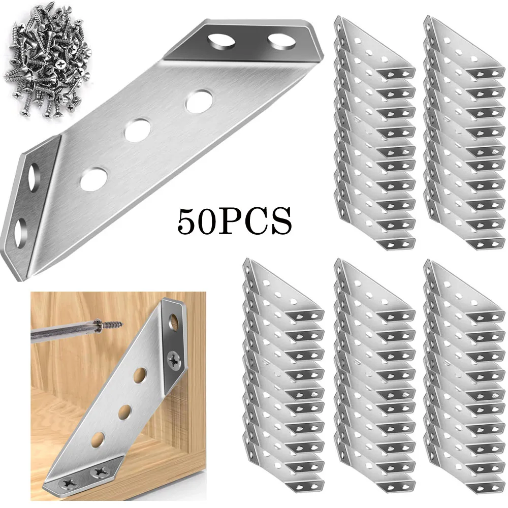 

50Pcs Universal Stainless Steel Furniture Corner Connector, Angle Corner Bracket with Screws, Corner Braces, Corner Connectors