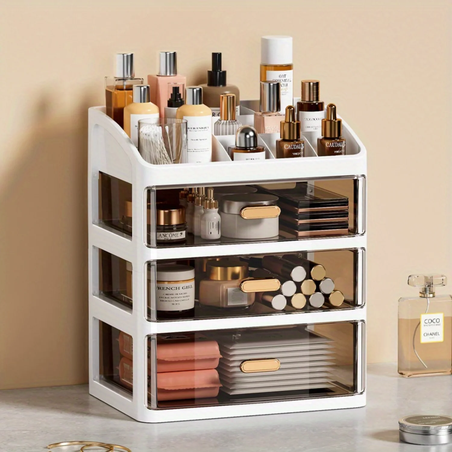 

3-Layer Makeup Organizer For Vanity, Large Capacity Countertop Organizer With Drawers, Bathroom Bedroom Desk Cosmetic Display Ca