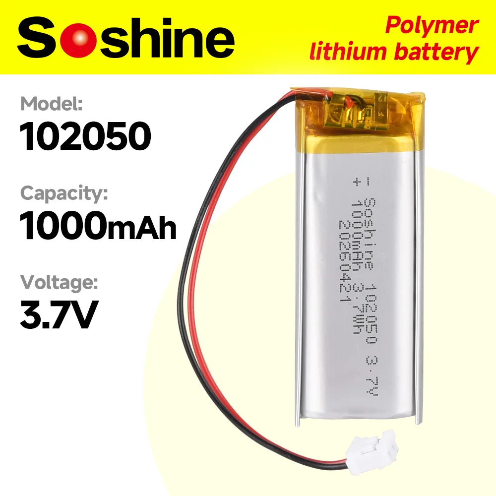 Soshine 102050 3.7V 1000mAh Lithium Polymer Batteries 102050 Lipo Cells Rechargeable Battery for MP3 GPS TWS Bluetooth Headset