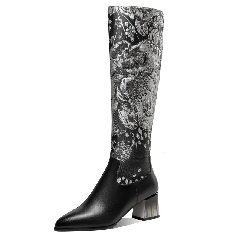 Bottes en cuir brodées de style ethnique pour femmes, talon optique à tête pointue, fermeture à glissière rehaussée, jambe maigre, bottes de chevalier sexy, nouveau